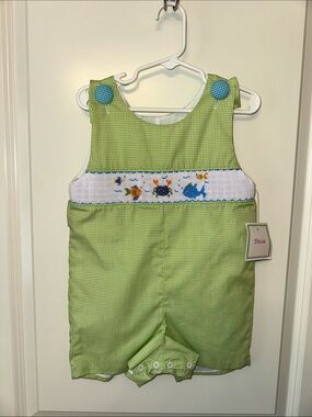 NWT Green Gingham Smocked Kids Romper Shortall with Ocean Motif